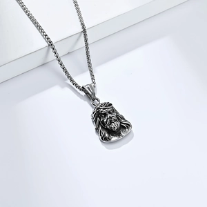 Vintage Jesus portrait pendant necklace in titanium steel with box chain on white background