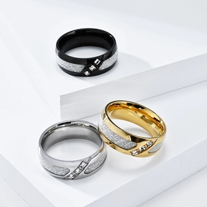 Anillos neutros pulidos en negro oro y plata con incrustación de meteorito