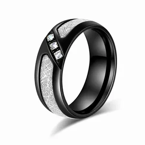 Bague en Acier Inoxydable Texture Météorite pour Hommes Femmes Triple Incrustation de Strass Bague Anneau Bijoux Mode