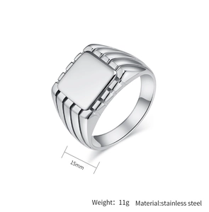 Detail view of square signet ring in stainless steel showing 15mm width and 11g weight