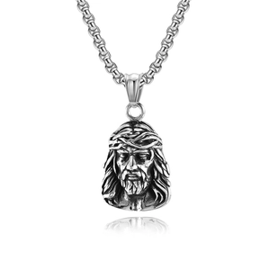 Retro Jesus portrait pendant necklace in silver stainless steel with thick link chain