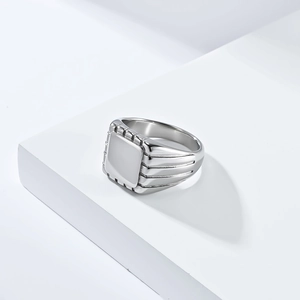 Minimalist square signet ring for men in silver finish with industrial grooved side detail