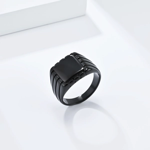 Minimalist matte black stainless steel square signet ring for men with side stripe detail