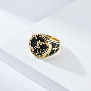Gold and black Saint Michael Archangel signet ring in retro stainless steel for men