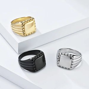 Minimalist square signet rings in gold, silver and black colors with parallel grooves