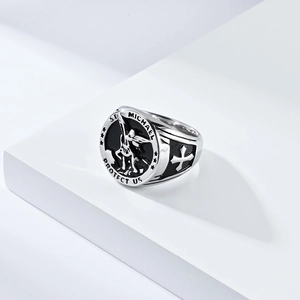 Vintage Saint Michael archangel stainless steel signet ring with black enamel cross relief