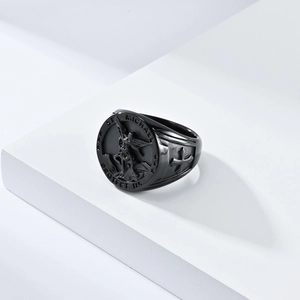 Vintage St. Michael Protect Us black titanium steel signet ring for men