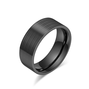 Minimalist black stainless steel ring with industrial horizontal wavy texture for men