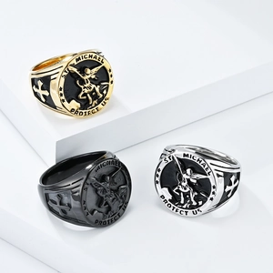 Vintage St. Michael stainless steel signet rings for men in gold, silver, and black finishes