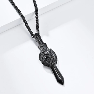 Vintage Löwenkopf und Schwert Edelstahl Anhänger Halskette mit schwarzer Flechtkette