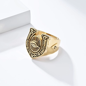 Macro view showing the vintage horseshoe-shaped evil eye relief on a gold stainless steel ring