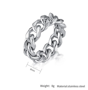 Macro view of 8mm silver Cuban link chain ring made of high-quality stainless steel