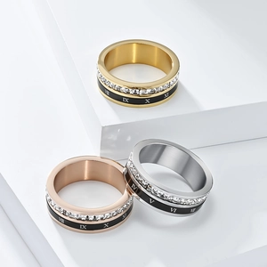 Bague en acier inoxydable avec chiffres romains et strass en or, or rose et argent
