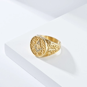 Vintage gold Freemason G signet ring for men featuring crystal inlay and ornate engraving