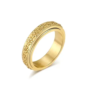Stainless Steel Rotatable Daisy Flower Spinner Ring For Women Men Anxiety Relief Fresh Sweet Floral Band Ring Accessory