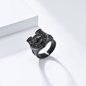 Vintage horseshoe stainless steel ring with All-Seeing Eye emblem in matte black finish