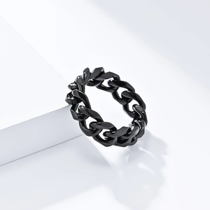 Minimalist black polished Cuban link chain ring with a sleek industrial style finish
