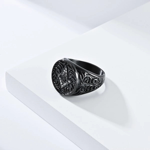 Black stainless steel Freemason G ring with square compass and side leaf relief