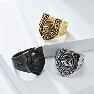 Vintage horseshoe ring with all-seeing eye in gold, silver, and black stainless steel