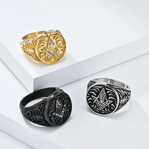 Vintage Freemason Masonic G signet rings in gold, black, and silver stainless steel finish