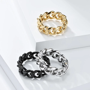 Polished stainless steel Cuban link chain rings in gold, silver and black finishes