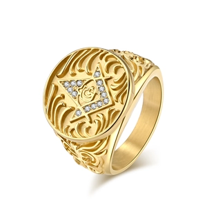 Vintage Stainless Steel Freemasonry Signet Ring For Men Square Compasses G Letter Rhinestone Ring Gold Black Silver Jewelry