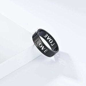 Minimalist 6mm black matte titanium steel ring with hollow LOVE engraving for men and women