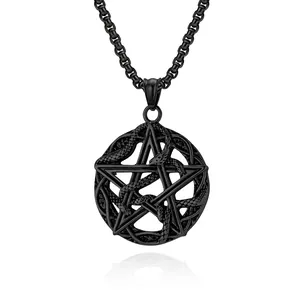 Stainless Steel Pentagram Python Snake Wrapped Satanic Pendant Necklace Gothic Retro Punk Religious Symbol Jewelry Accessory