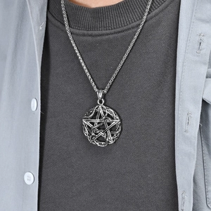 Vintage stainless steel pentagram pendant necklace with detailed snake relief for men