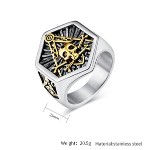 Detailed size specifications for the stainless steel Freemason skull ring at 23mm width
