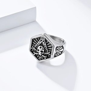 Retro stainless steel Masonic ring featuring a skull and compass symbol on a silver band