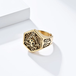 Vintage gold Freemason skull ring with compass square and eye of providence symbols