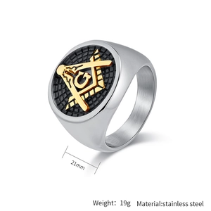 Macro detail of men's Masonic stainless steel ring with gold symbol and 21mm width