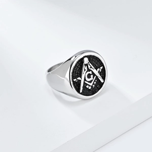 Vintage stainless steel Freemason signet ring for men with G symbol and black texture