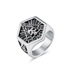 Vintage silver skull Freemasonry signet ring with Masonic compass and square symbol