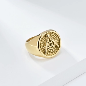 Vintage gold Freemasonry stainless steel ring featuring embossed G symbol signet design