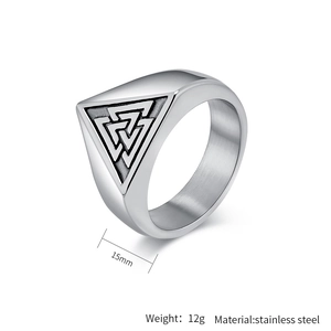 Detail view of Valknut symbol engraving on stainless steel vintage signet ring for men