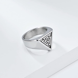 Viking Valknut triangle signet ring for men in polished stainless steel with black inlay