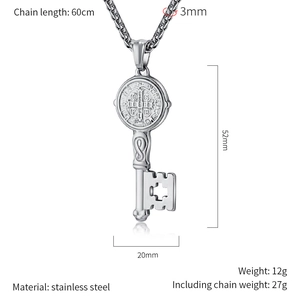 Macro view of stainless steel exorcist key pendant with dimensions and wheat chain details
