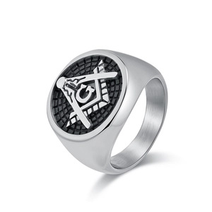 Men's silver Freemason ring in stainless steel with square compass and G symbol