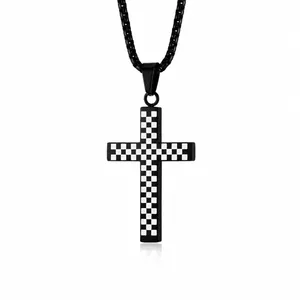 Edelstahl Schachbrettmuster Kreuz Anhänger Halskette Für Herren Damen Personalisierte Gothic Gebet Glauben Schmuck Geschenk