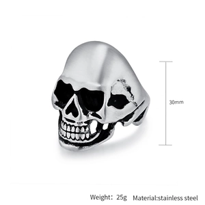 Detail view of vintage matte skull ring with 30mm height and 25g weight specs