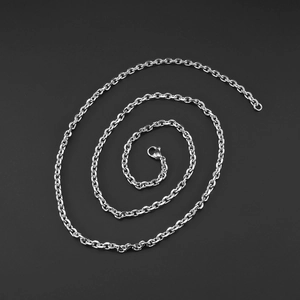 Polished silver stainless steel cable chain necklace with lobster clasp on black background