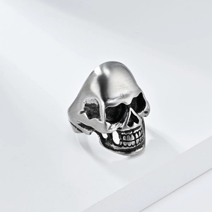 Vintage matte stainless steel skull ring with detailed gothic engraving for men