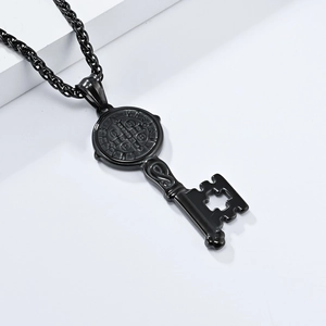 Detail of black Saint Benedict exorcist key pendant with cross cutout and twisted chain