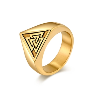 Polished gold Valknut Viking ring made of stainless steel with a Nordic Odin triangle design