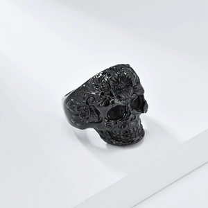 Vintage Retro Gothic Totenkopf-Ring mit graviertem Blumenmuster aus schwarzem Edelstahl