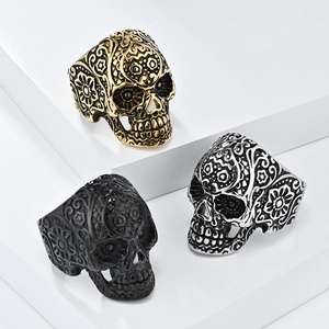Retro-Totenkopfringe aus Edelstahl in Gold, Silber und Schwarz mit Sugar-Skull-Gravur