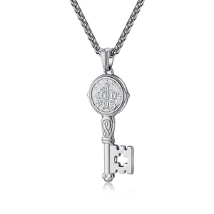 Saint Benedict Medal key pendant necklace in silver stainless steel with mirror reflection