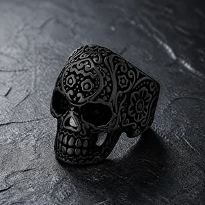 Vintage Titanstahl Totenkopf Ring Für Herren Gothic Sugar Skull Gravierter Bandring Hip Hop Biker Schmuck Gold Schwarz Silber